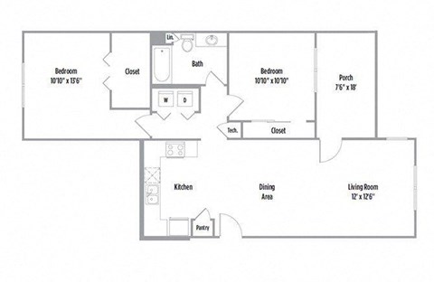 Floor plan for 2 beds, 2 baths, 1013 sqft